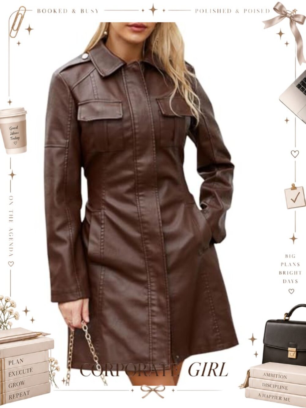 Faux Leather Trench Coat Women Mid Length Zip Up Belted Overcoat